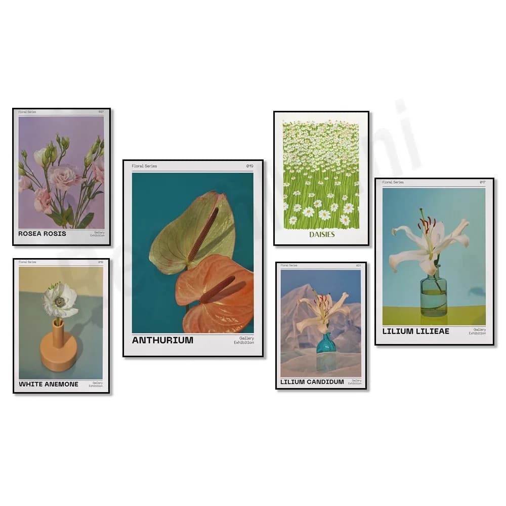 Delicate floral poster with daisies, white anemone, pink rose flower meadow, lily, anthurium print, spring art wall decoration