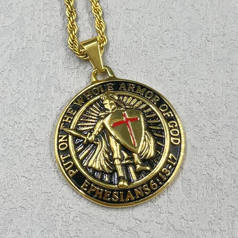 Men's Pendant Stainless Steel gold color Cross Red Armor Shield Knight Templar Crusader Cross Necklace Punk Jewelry