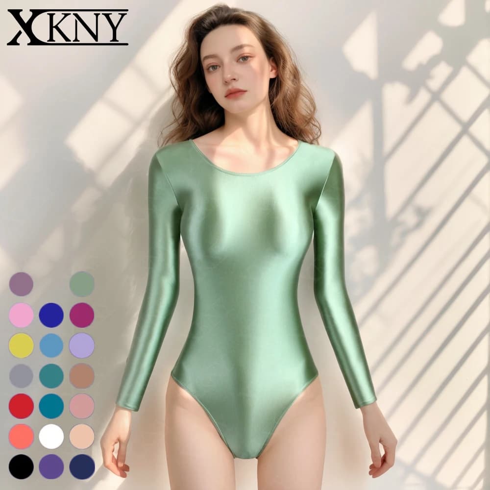 XCKNY glossiness series tights glossy smooth high fork long sleeve swimsuit Yoga sportswear solid color gymnastic suit