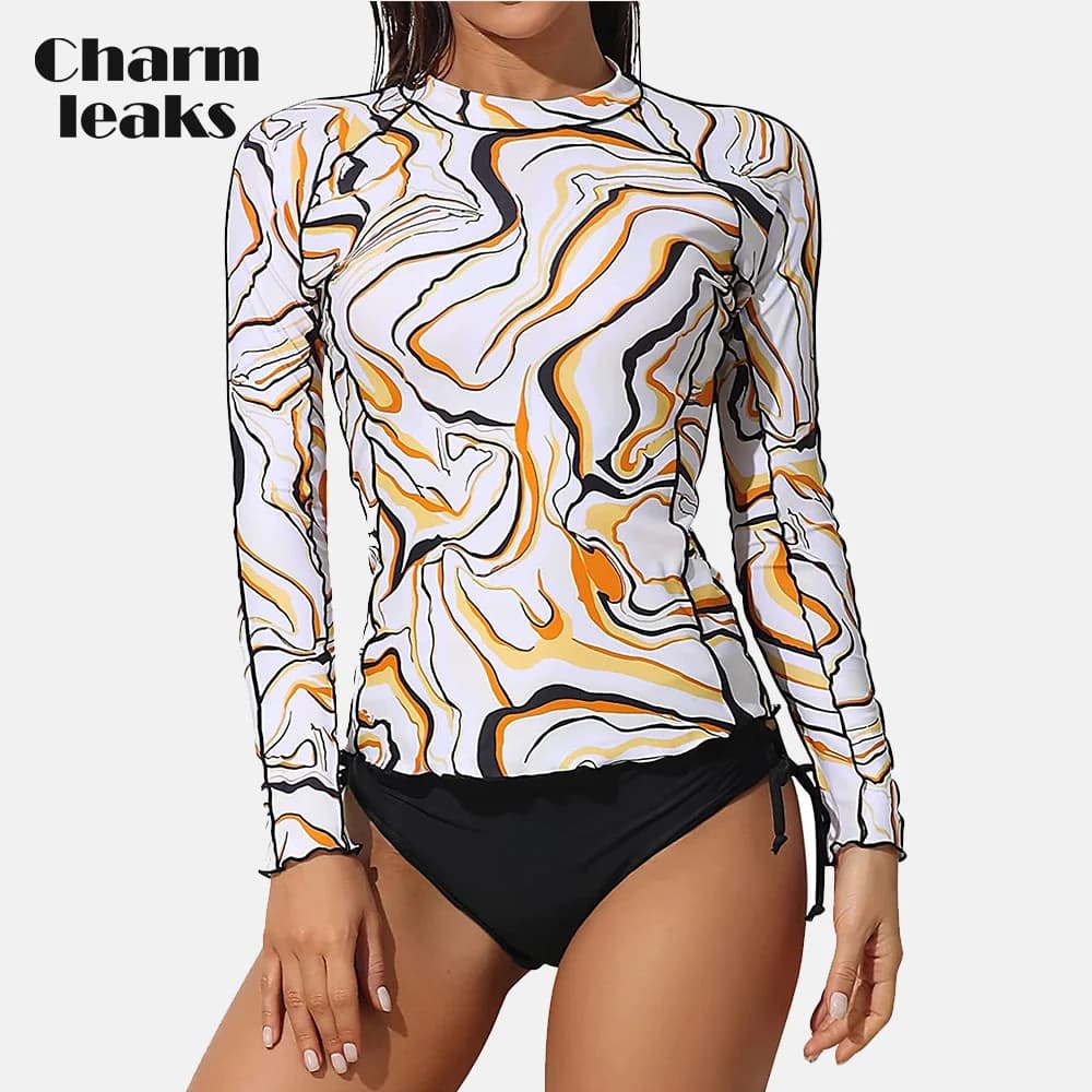 Charmleaks Women Rash Guard Wave Print Quick Dry Breathable Surfing Tops Long Sleeves UPF 50+ Crew Neck Shirt