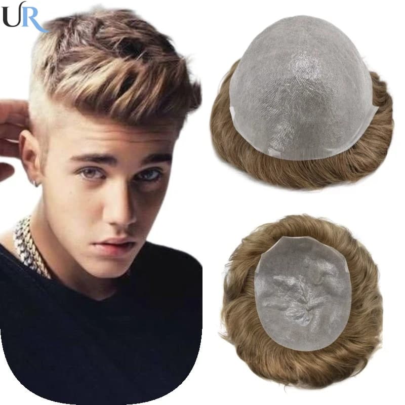 Ultra Thin Skin Men's Hair Systems 0.03-0.04mm V-Loop Full PU Men Toupee Wigs For Men 90% Density Breathable Human Hair System