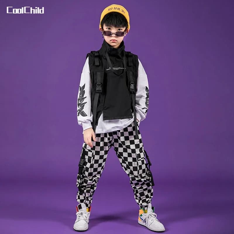Boys Hip Hop High Collar Vest Sweatshirt Plaid Joggers Outfits Girls Cargo Pants Clothes Sets Child Jazz Costume Kids Streetwear