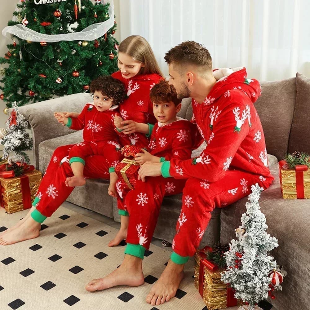 New Family Christmas Clothes Red Flannel Pajamas Warm Soft Jumpsuit Print Parent-child Matching Outfits Hooded Romper Xmas Look