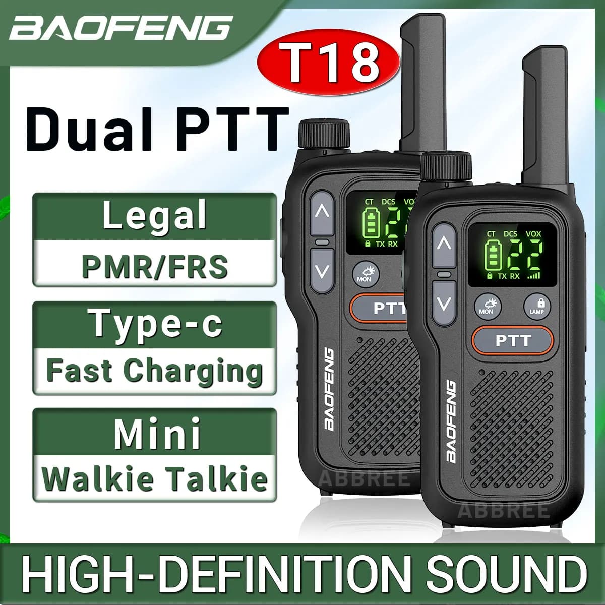 2PCS Baofeng BF-T18 Mini Dual PTT Walkie Talkie Portable PMR FRS License-Free Flashlight NOAA Long Range Support Type-C Charger