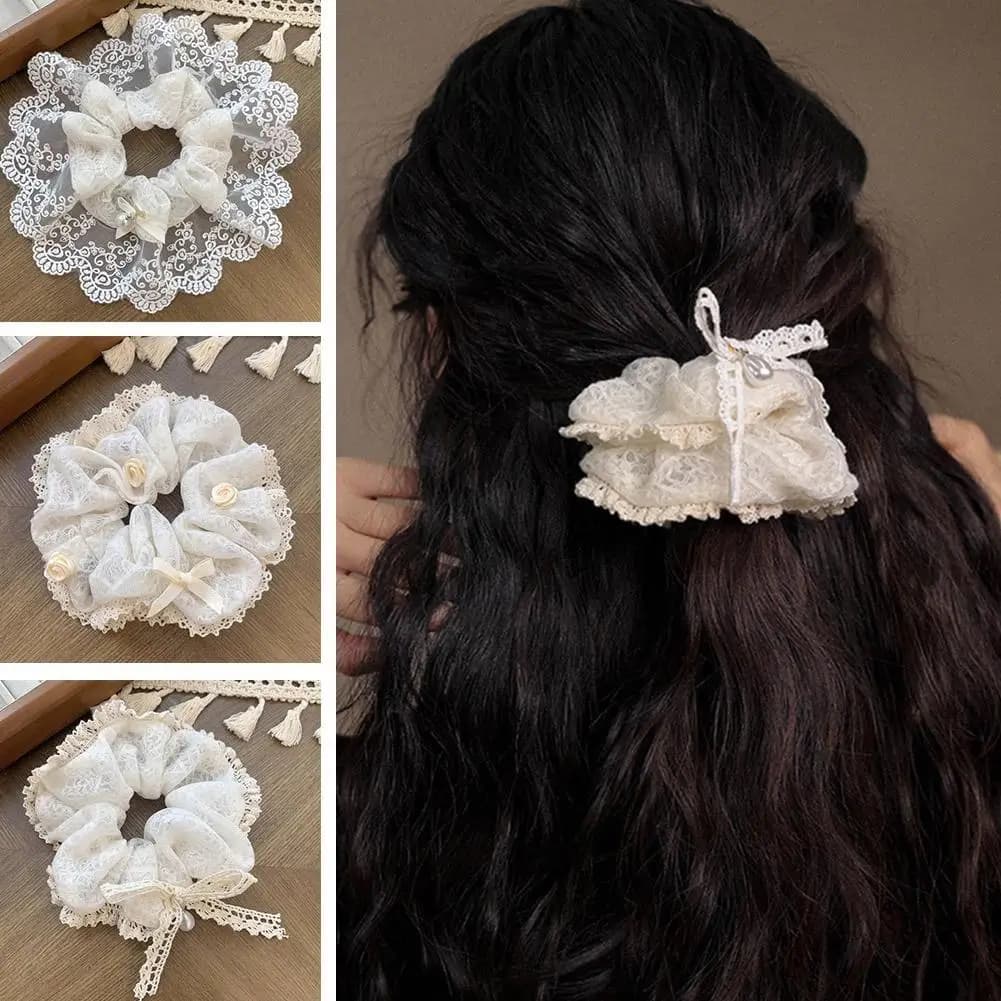 French Pearl Bow Lace Large Scrunchie Solid Color Hair Hoop Scrunchy Rubber Bands Gentle Temperament Women Hair Accessories