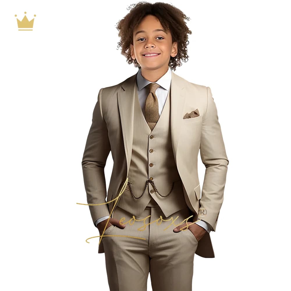 Boys khaki classic suit 3 piece suit, children's notch lapel wedding holiday birthday suit, jacket vest and pants, custom tuxedo
