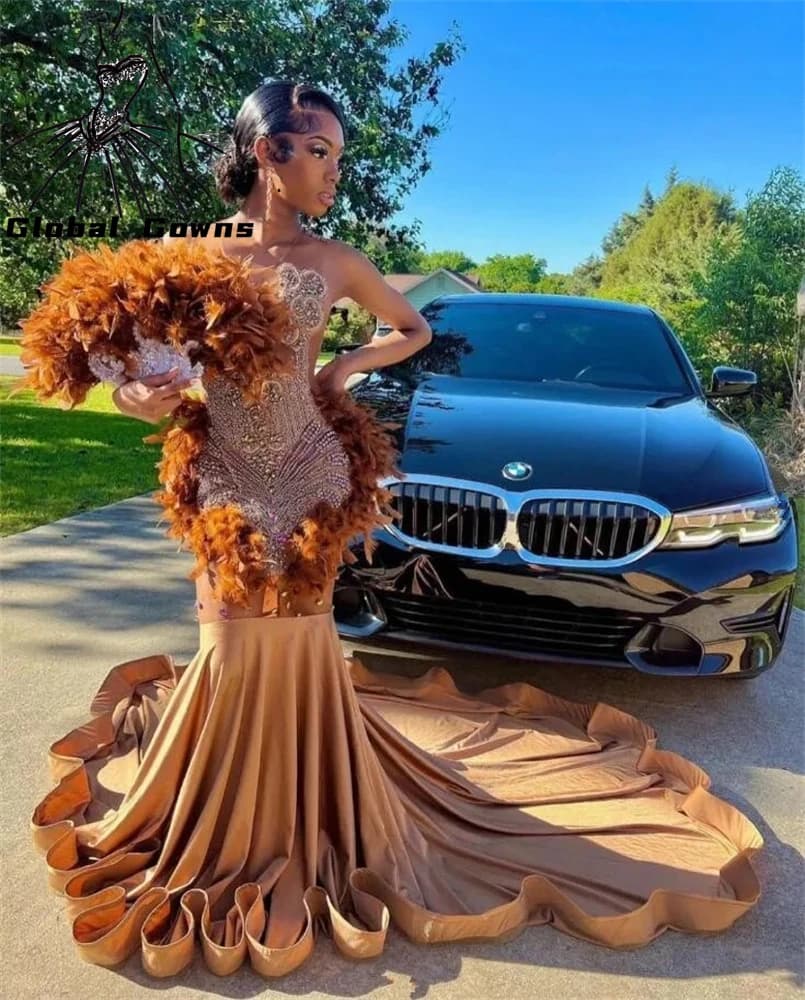 Brown Ostrich Feather Long Prom Dress for Black Girl Luxury Silver Bead Crystal Diamond African Birthday Party Gown Customized