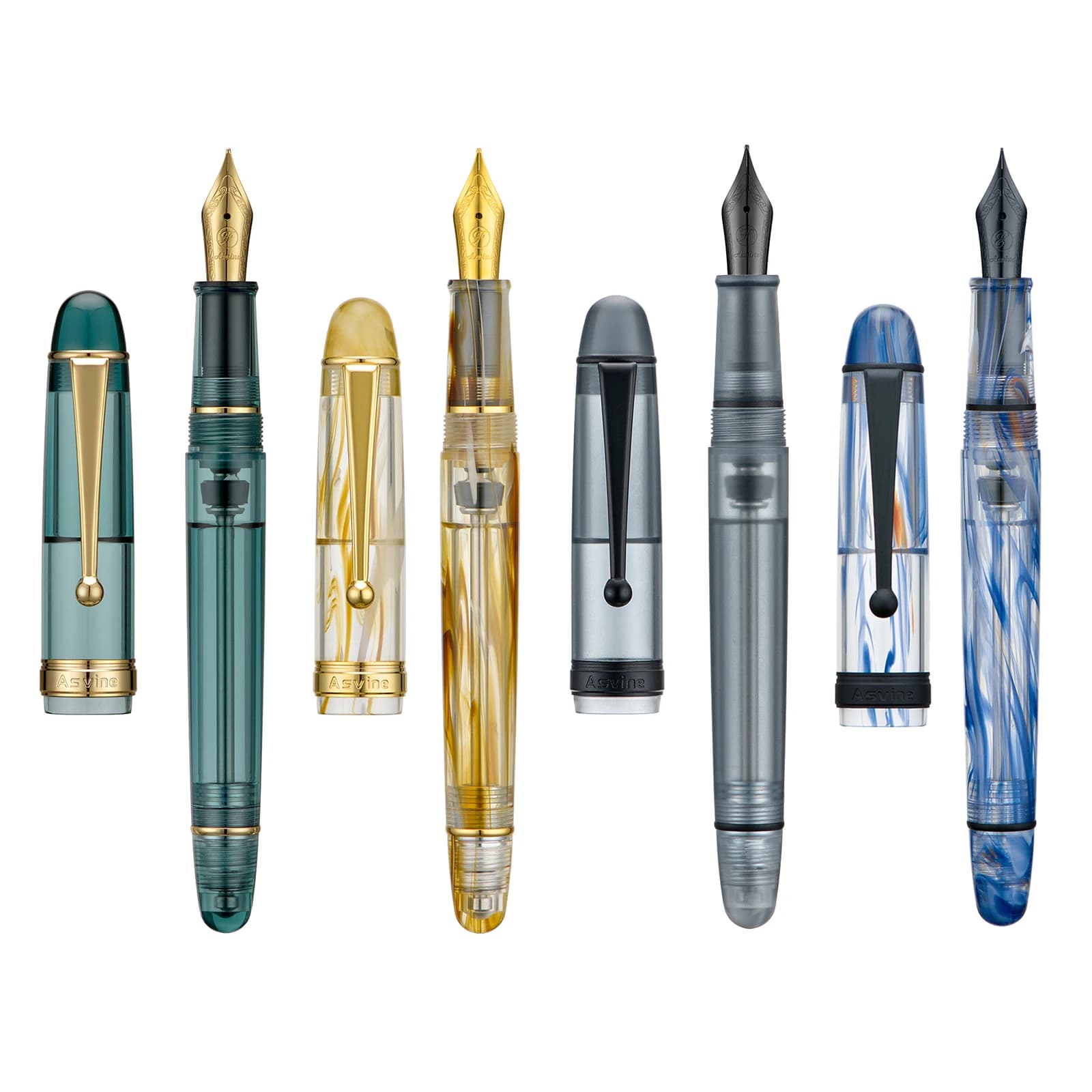 Asvine V126 Vacuum Filling Fountain Pen EF/F/M Nib, Beautiful Transparent Brown/ Matte Blue, White Acrylic Writing Gift Set