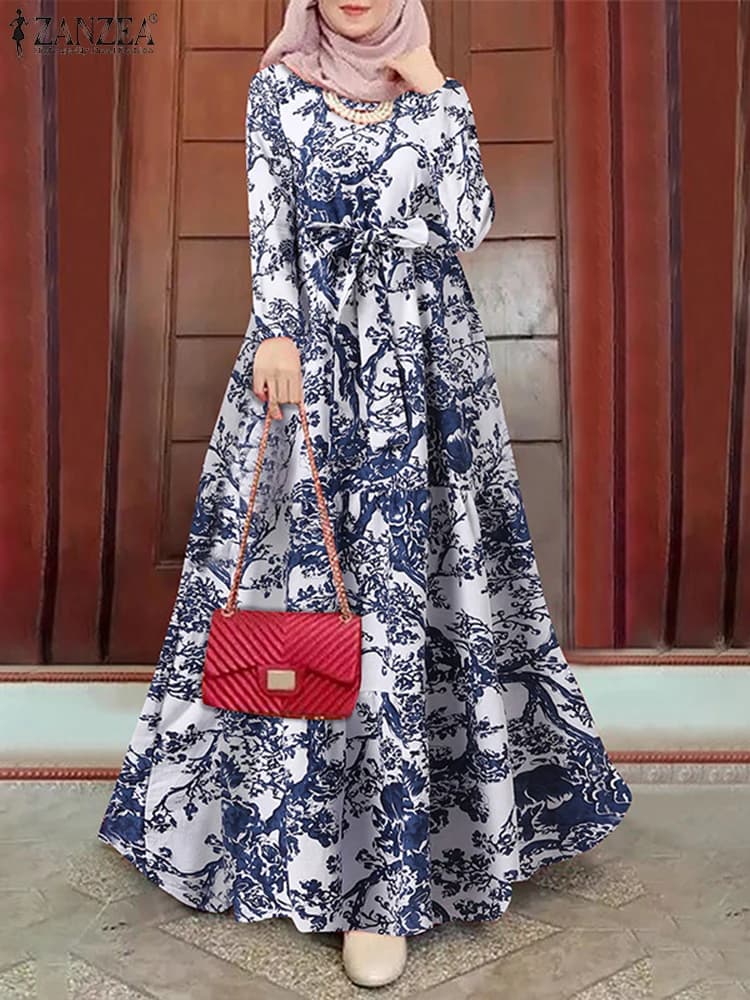 ZANZEA 2024 Autumn Floral Printed Sundress Women Long Sleeve Muslim Dress Abaya Bohemain Maxi Dresses Casual Islamic Clothing