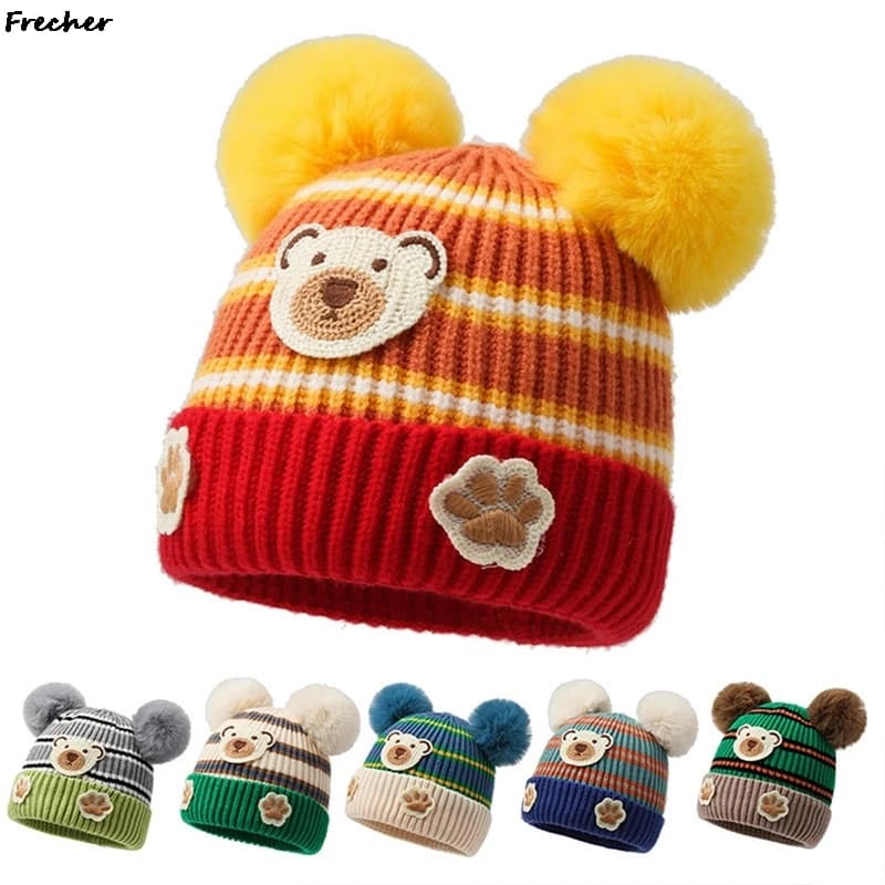 Cute Bear Knitted Hat Double Hairball Baby Soft Hats Winter Warm Headwear Girls Boys Elastic Casual Beanies Caps Fashion