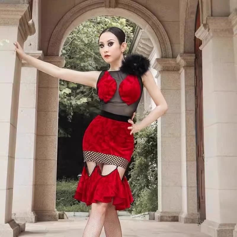 Latin Dance Costume Red Practice Outfit Mesh Jumpsuit Bag Hip Skirt National Standard Art Exam ADL187