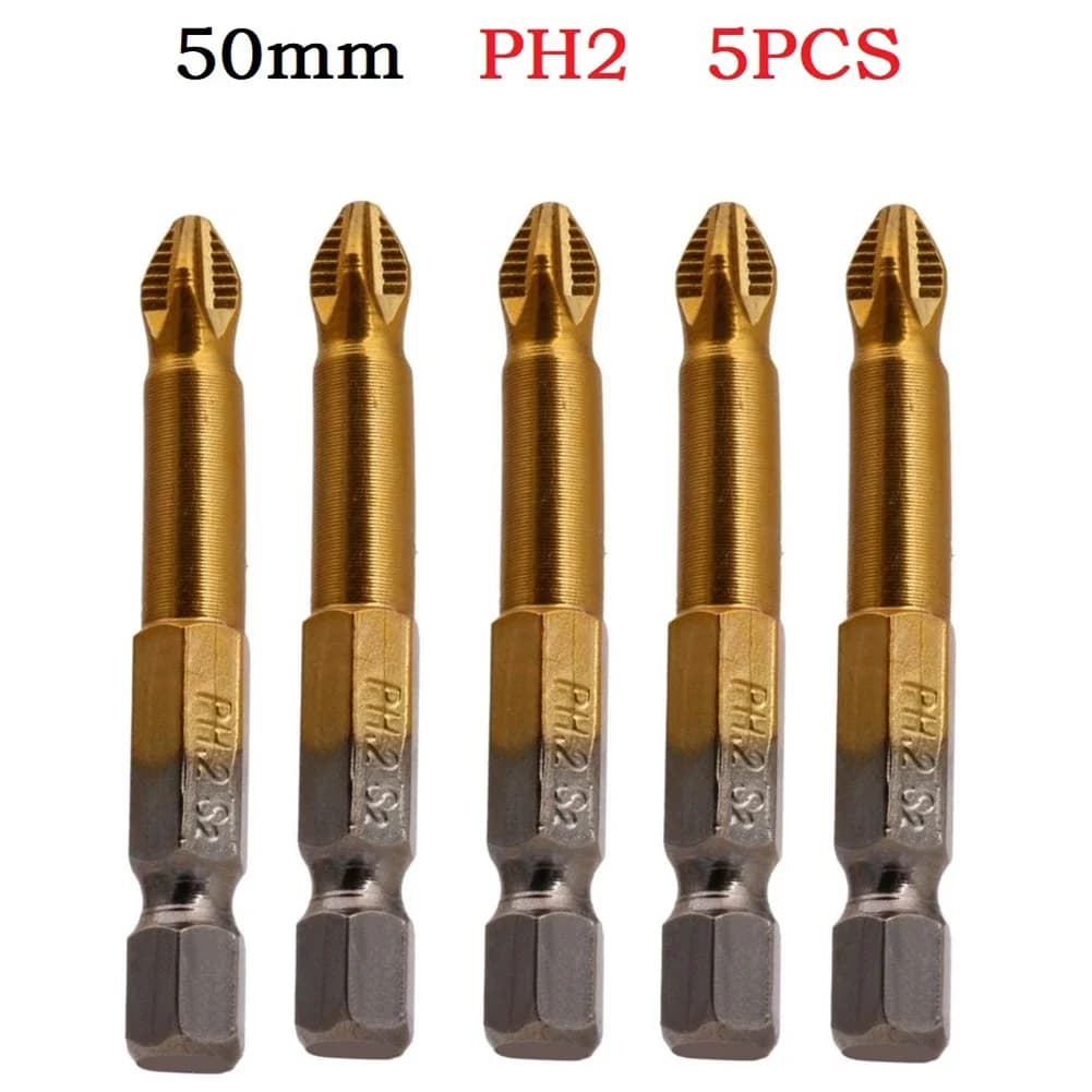 5Pcs Titanium Coated Screwdriver Bit Set PH2 50mm 1/4" Hex Shank Phillips/Cross Batch Head Electric Drill Screwdriver Bits