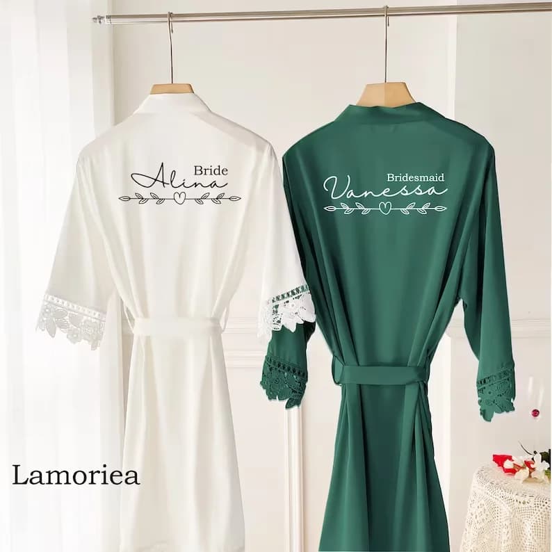 Forest Green Bridesmaid Personalised Satin Lace Robe Wedding Robe Custom Mother of The Bride Robe Dressing Gown Bridal Party