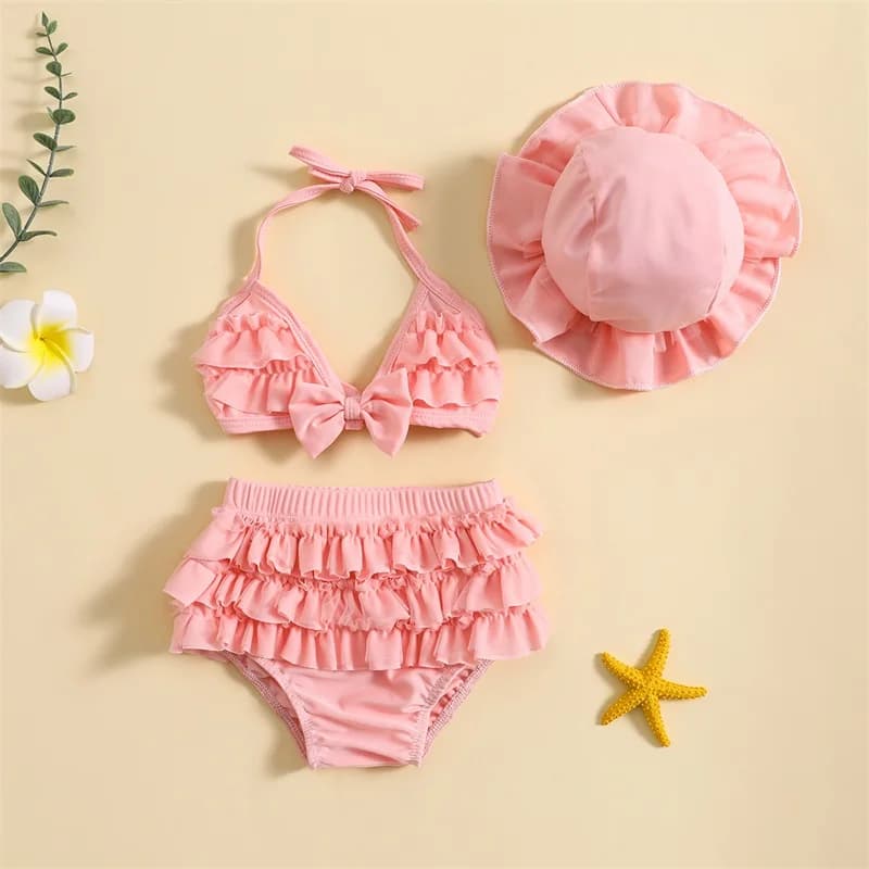 Tregren 0-24M Infant Baby Girls 3pcs Bikinis Set with Swim Caps Ruffle Bandage Bow Swimsuit Summer Swimwear Beach Bathing Suit