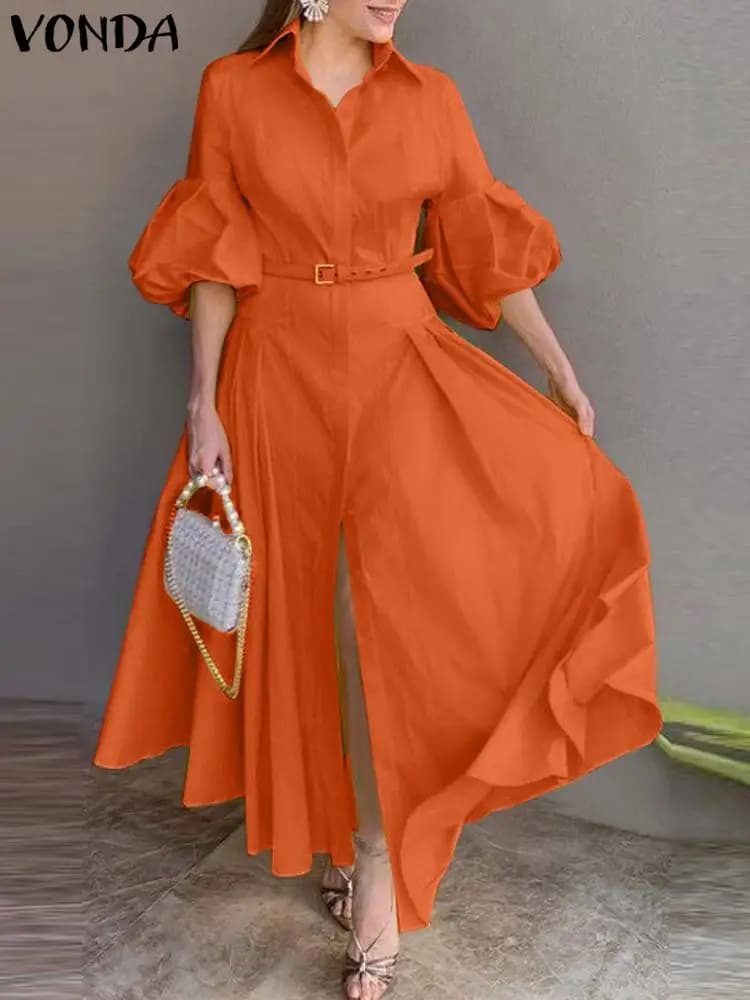 VONDA 2024 Elegant Maxi Dress Women Fashion Lantern Sleeve Buttons Big Swing Party Shirt Sundress Casual Solid Color Sundress
