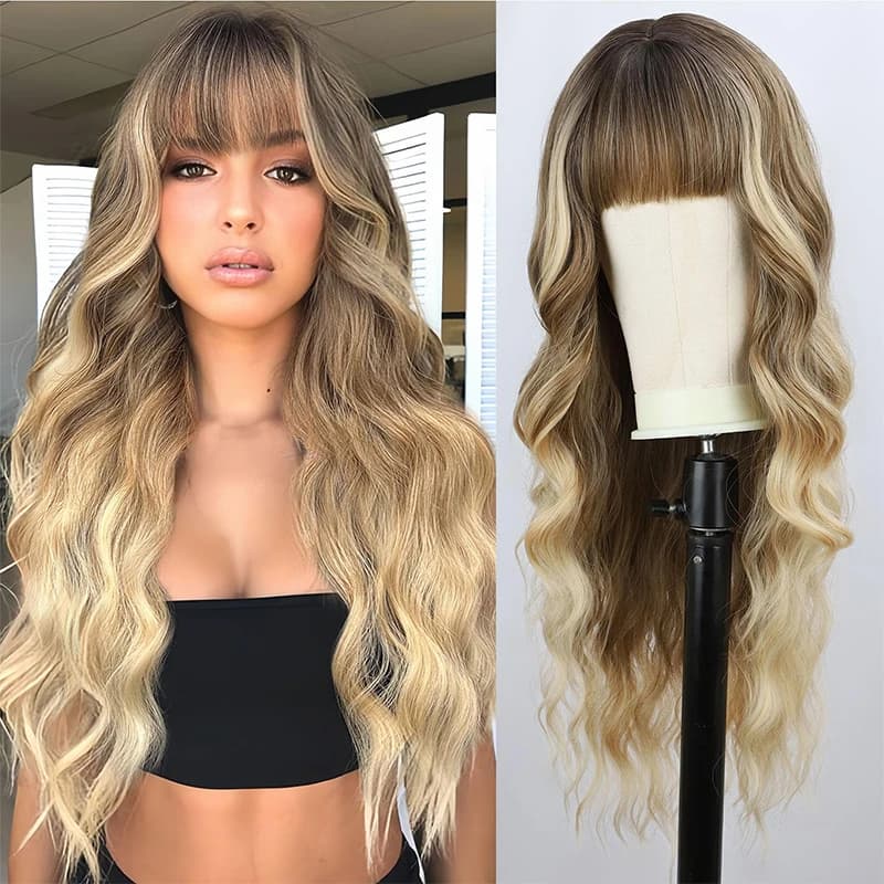 Long Curly Wigs for Women Synthetic Water Wave Wig with Bangs Natural Mixed Ombre Blonde Wig Daily Party Cosplay Heat Resistant
