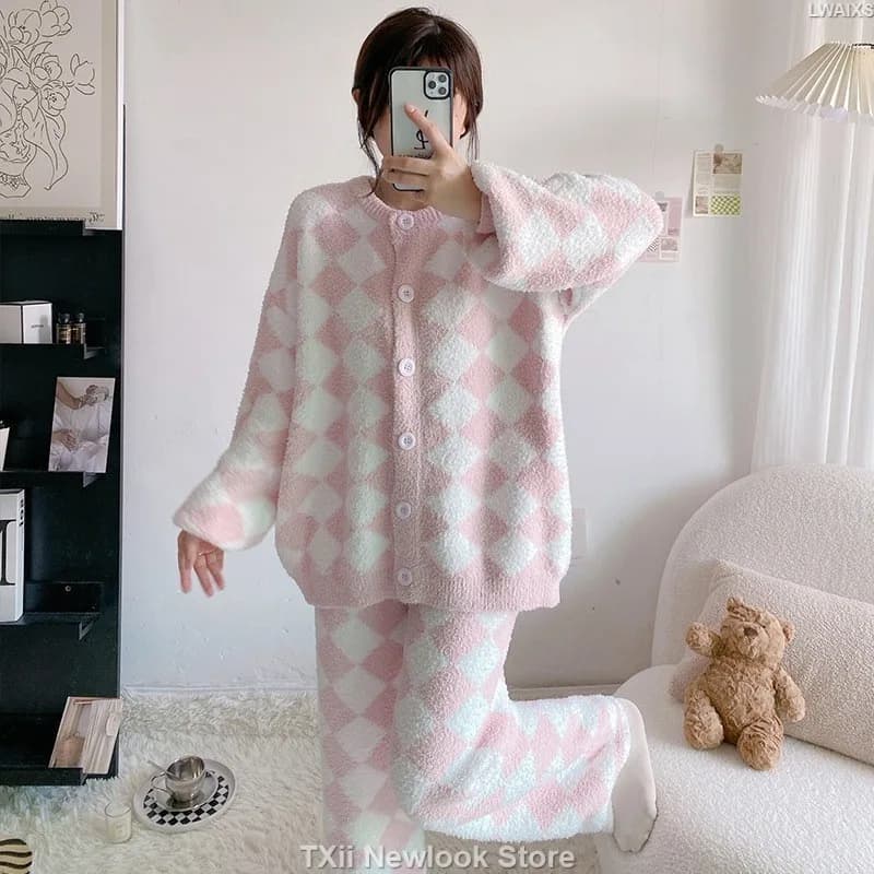 TXii Newlook Sweet Diamond Pajamas Women's Autumn and Winter Soft Comfortable fleece-lined Thickened Warm Home Clothes suit