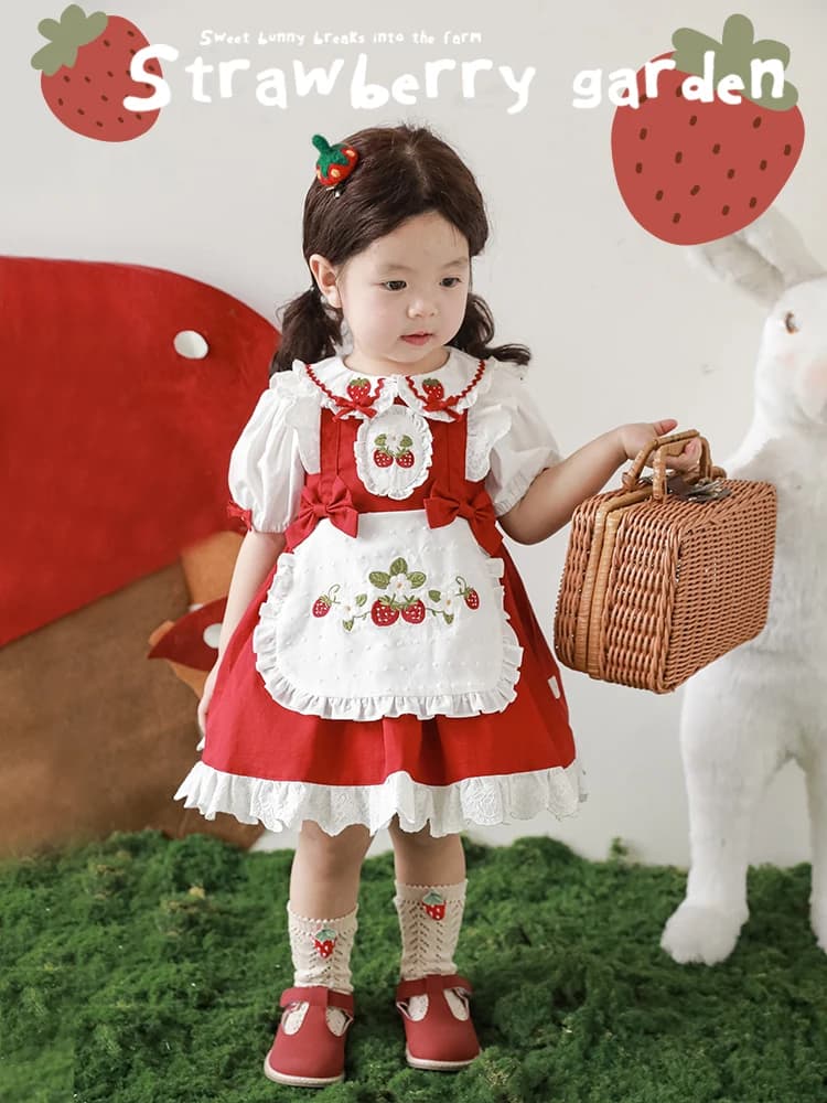Girls' Dress Lovely Strawberry Embroidery Small Lapel Baby Summer Bow Shirt Princess Dress