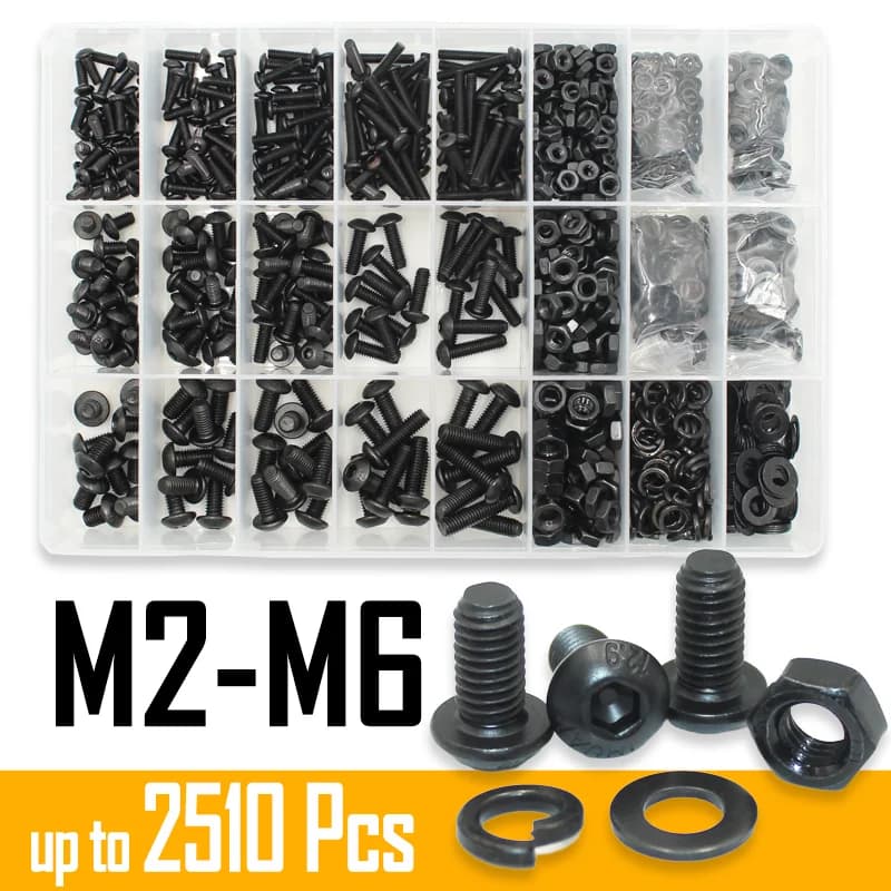 2510p Round Hex Cap Screw kit M2 M2.5 M3 M4 M5 M6 10.9 Grade Black Socket Button Head Allen Drive Screws Bolt and Nut and Washer