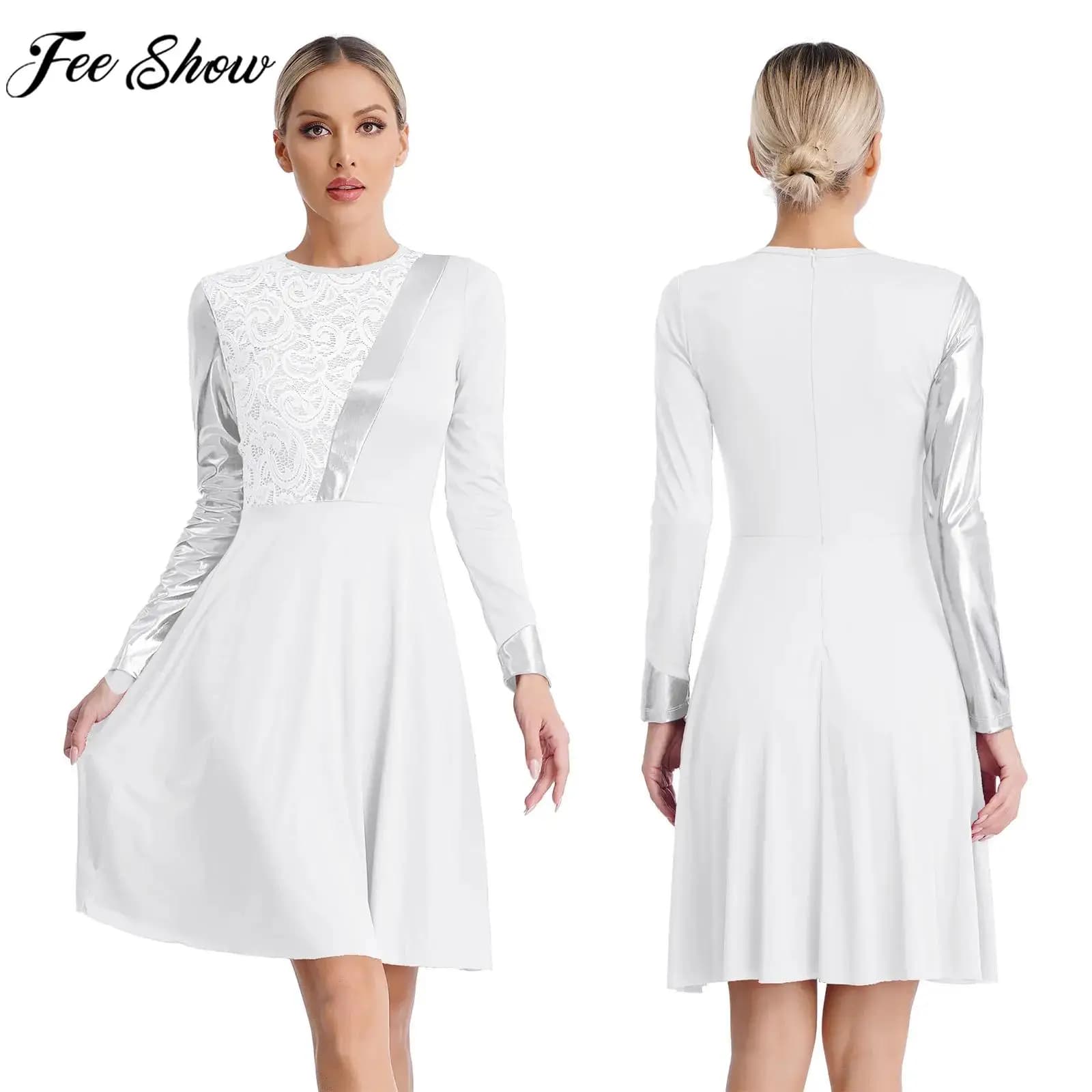 Women Modern Lyrical Dance Performance Dress Church Choir Worship Praise Costume Long Sleeve Lace Patchwork Metallic Dresses