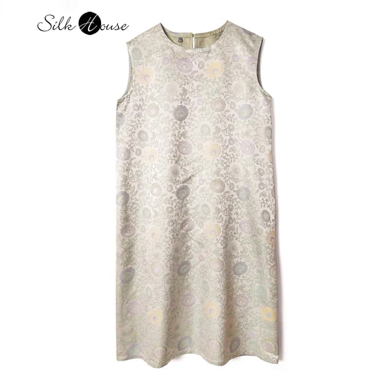2024 Women's Fashion Elegance Versatile Retro Green Bottom Embroidery Ball Flower 100% Natural Silk Song Brocade Vest Dress