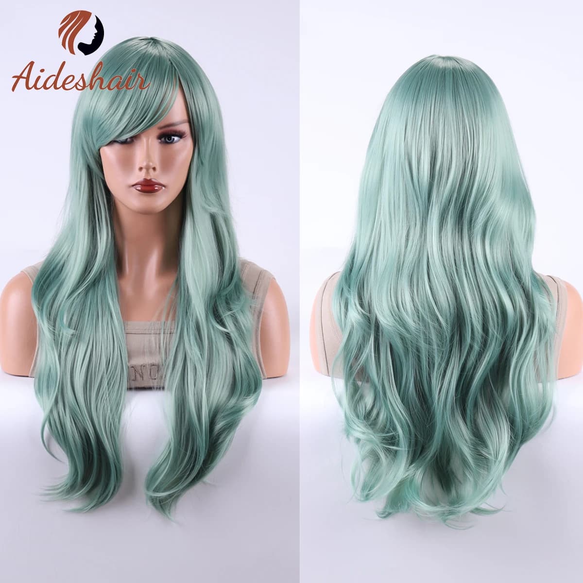 Aideshair synthetic Wigs 28" Long Wavy Hair Heat Resistant Cosplay Wig for Women (Green)