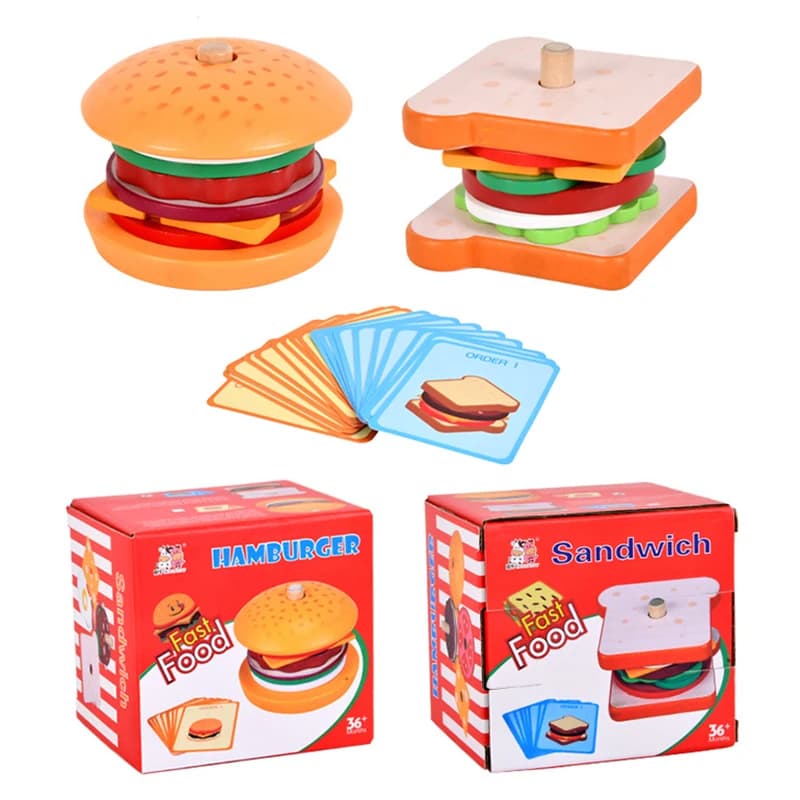Children Pretend Play Kitchen Toys Hamburger Sandwich Simulation Food Matching Games Montessori Educational Wooden Stacking Toys