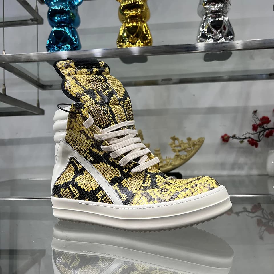 Men Shoe Casual High Top Quality Women Sneaker Yellow Ankle Boot Geobasket Python pattern Leather Ro Thick-sole Flat Zip Shoes
