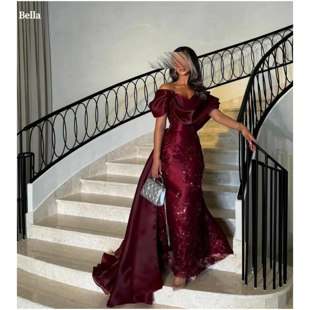 Bella Customized Red Flowers Sequins Lace robes de soirée Mermaid Satin Evening Dresses Off the Shoulder Prom Wedding Dress 2024