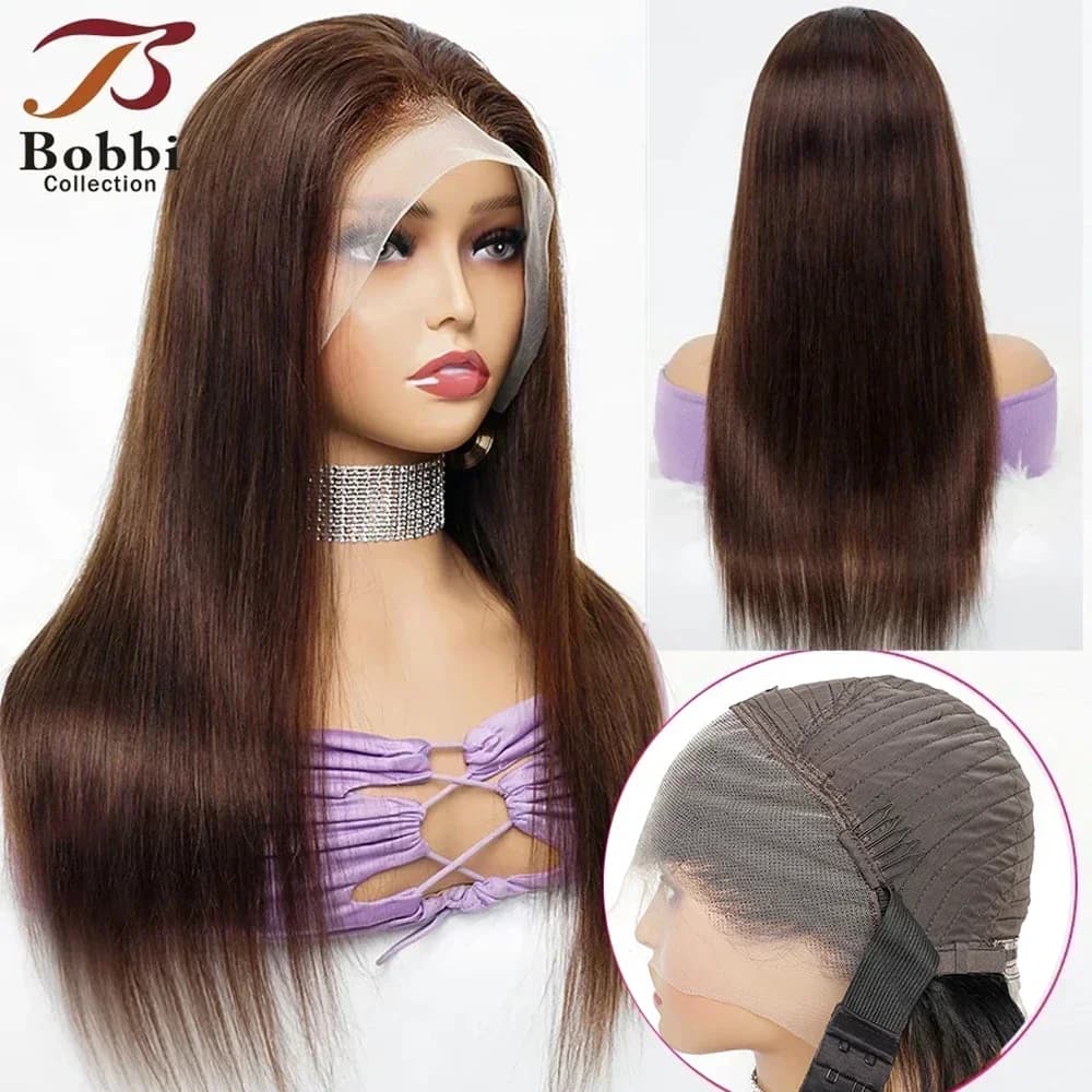 100% Human Hair Wig Brown Black Lace Front Wig For Women Pre-Plucked Transparent Lace Natural Hairline Silky Straight Hair BOBBI