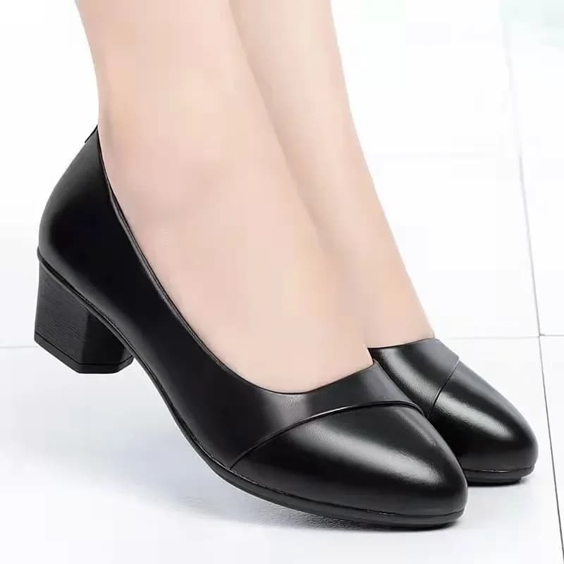 Shoes Women Mid Heel  Office Lady Pumps PU Leather Black Basic Square Heeled Spring Autumn Loafers Female Zapatos