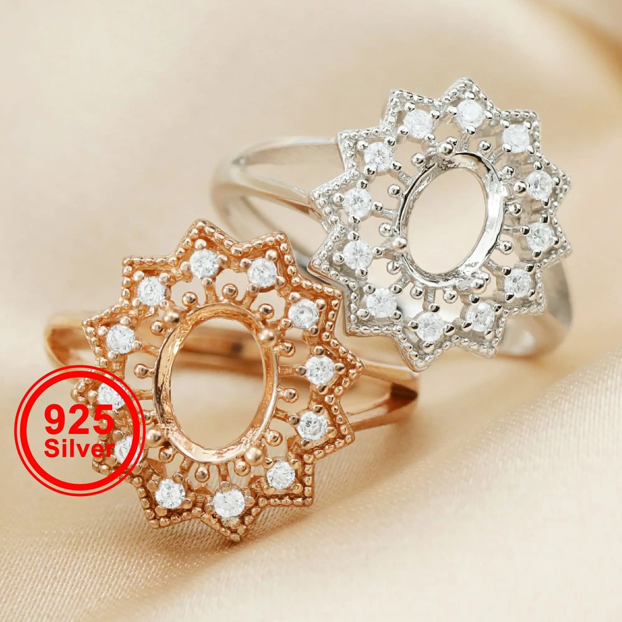 Multiple sizes luxury lace rose gold silver oval CZ stone prong bezel solid 925 sterling silver adjustable ring settings 1224014