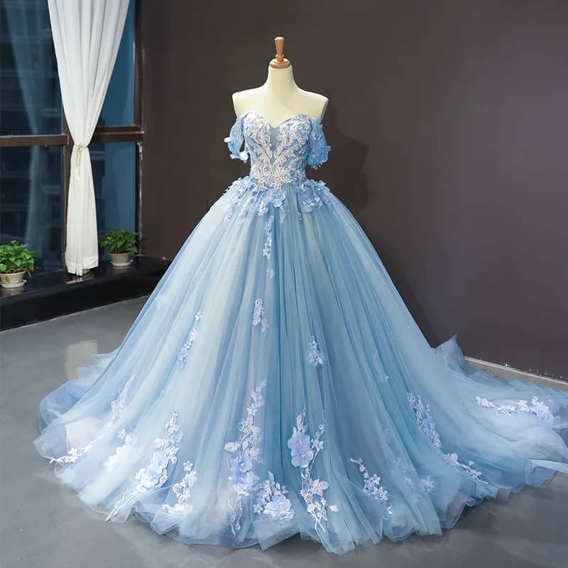 Blue Quinceanera Dresses Off The Shoulder Princess Prom Dress Lace Appliques Ball Gown With Small Train Vestidos De Customized