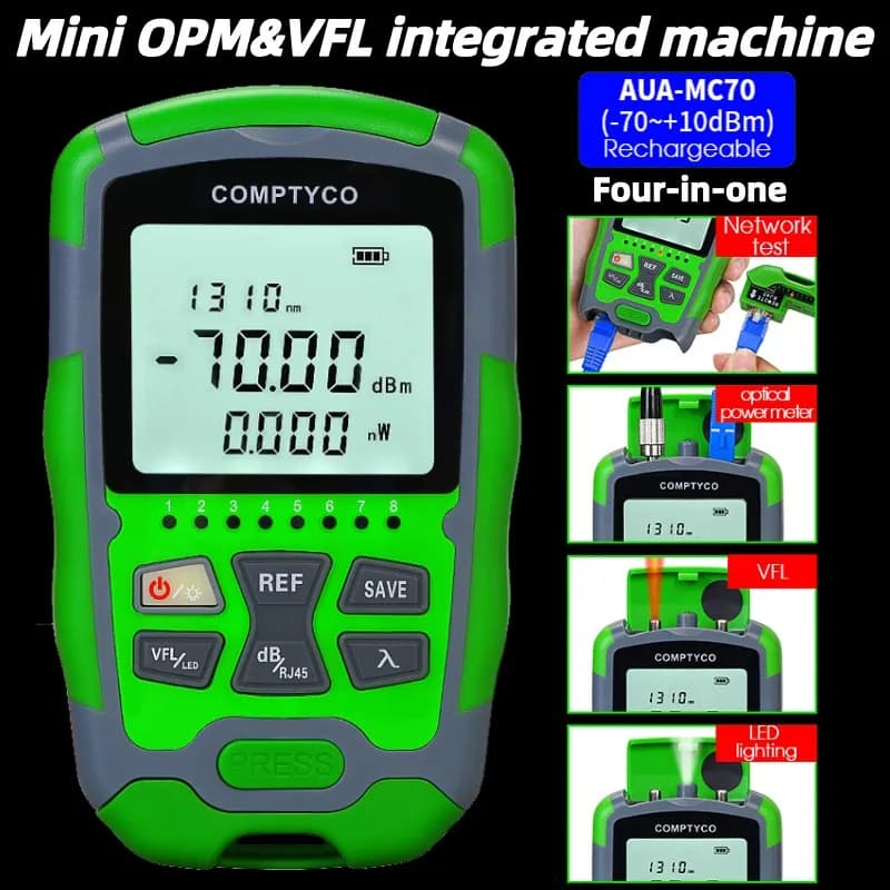 Rechargeable Fiber Tester 4 in 1 Mini Optical Power Meter -70~+10dBm & Visual Fault Locator & Rj45 Network Test & LED Lighting