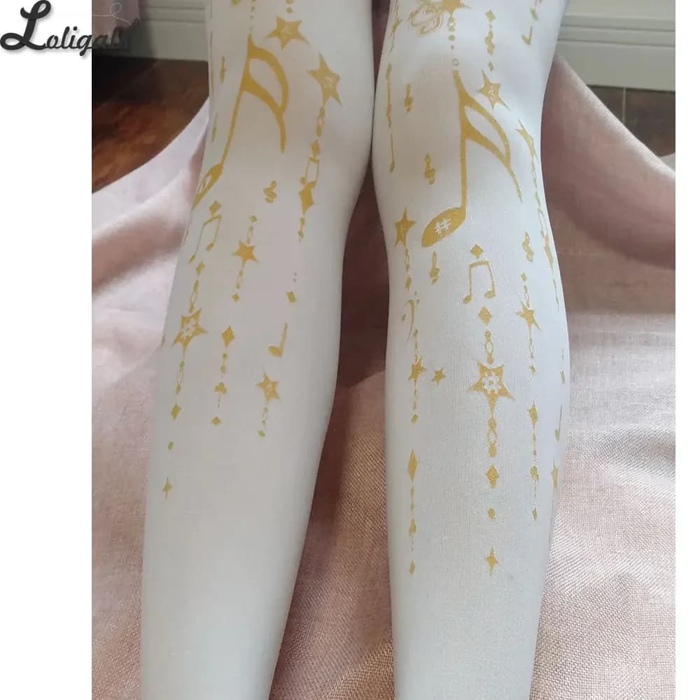 Jumping Note ~ Sweet Melody Printed Lolita Pantyhose Gold Stamped Patterned Tights White Blue Black