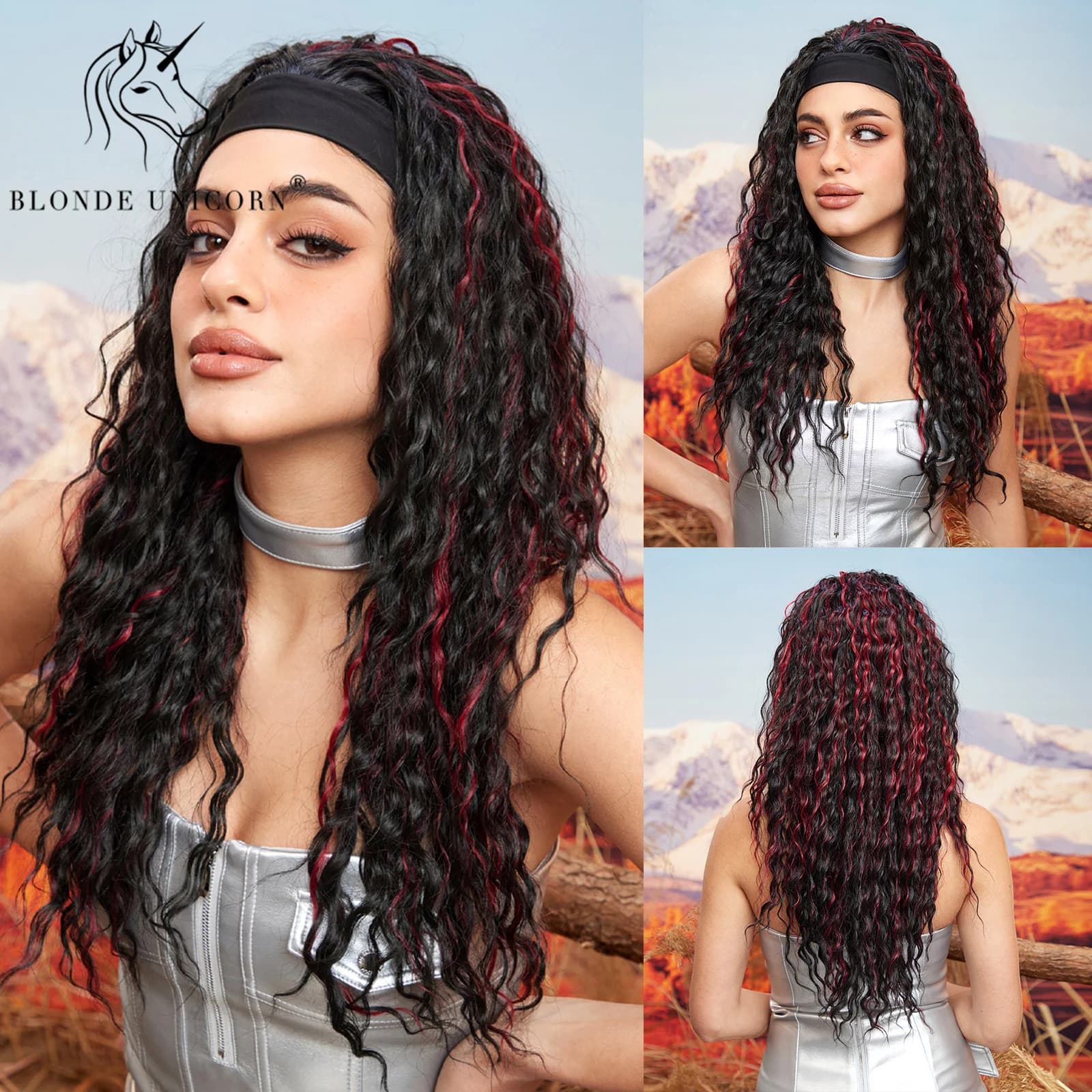 Blonde Unicorn Synthetic Headband Wig Medium Long Curly Black Red Hair Wigs for Women Heat Resistant Daliy Party Use