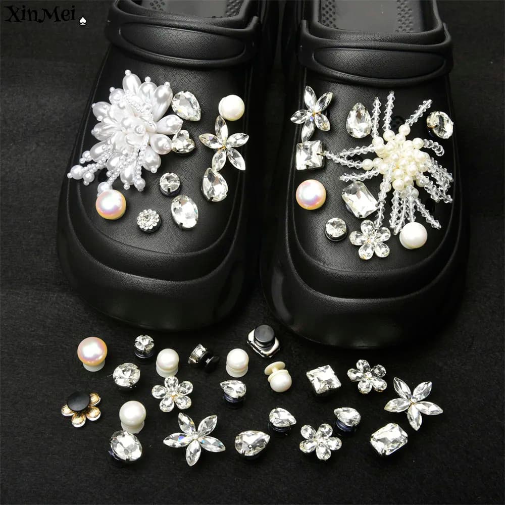 Fashion Pearl Rhinestone Buttons, Removable Crystal Charms Embellishment for Shoes,Diy Hole Shoes Flower Decorations