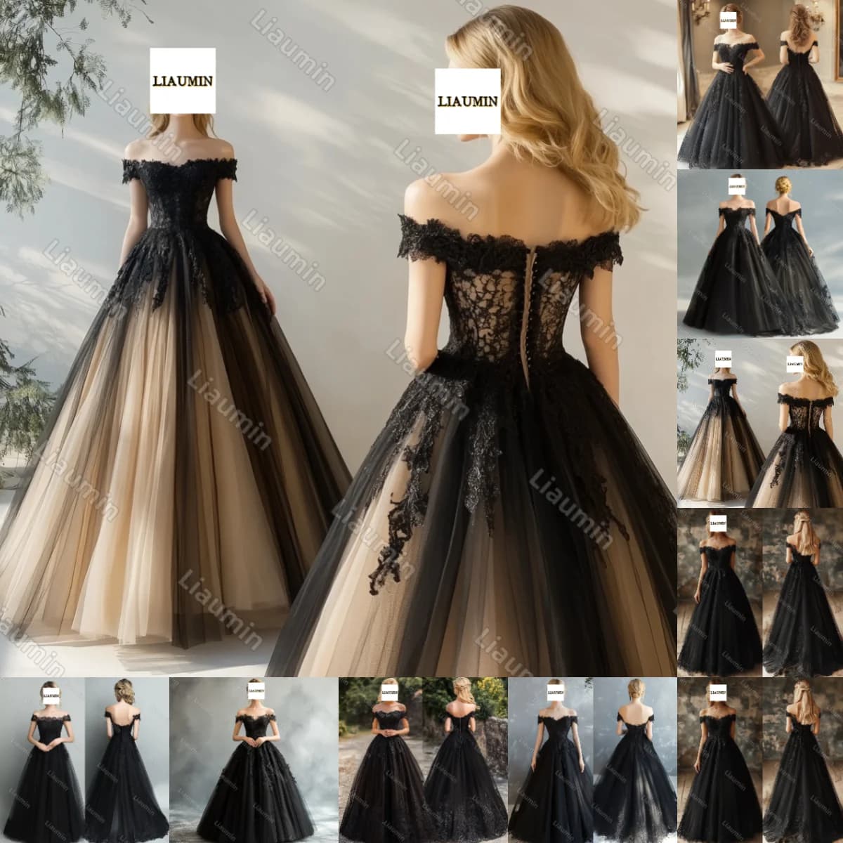 Modern Style New Custom Hand Made Black Tulle Lace Applique Full Length Lace Up Wedding Bridal Formal Evening Prom Dress J5-4