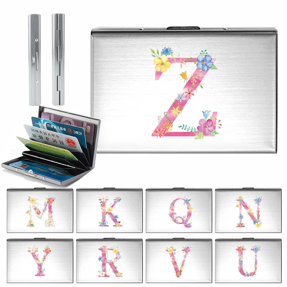 Metal Business Card Holder - Slim Pocket Business Card Case for Unisex Stainless Steel IC Cards Storage Pink Letter Print Series