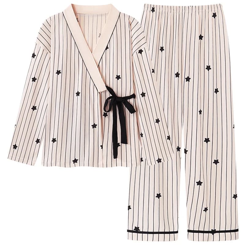 New Autumn Pyjamas Women Pajama Sets Striped Star Print Japanese Kimonos For Women Big Yards 4XL Cotton Yukata Robes Set