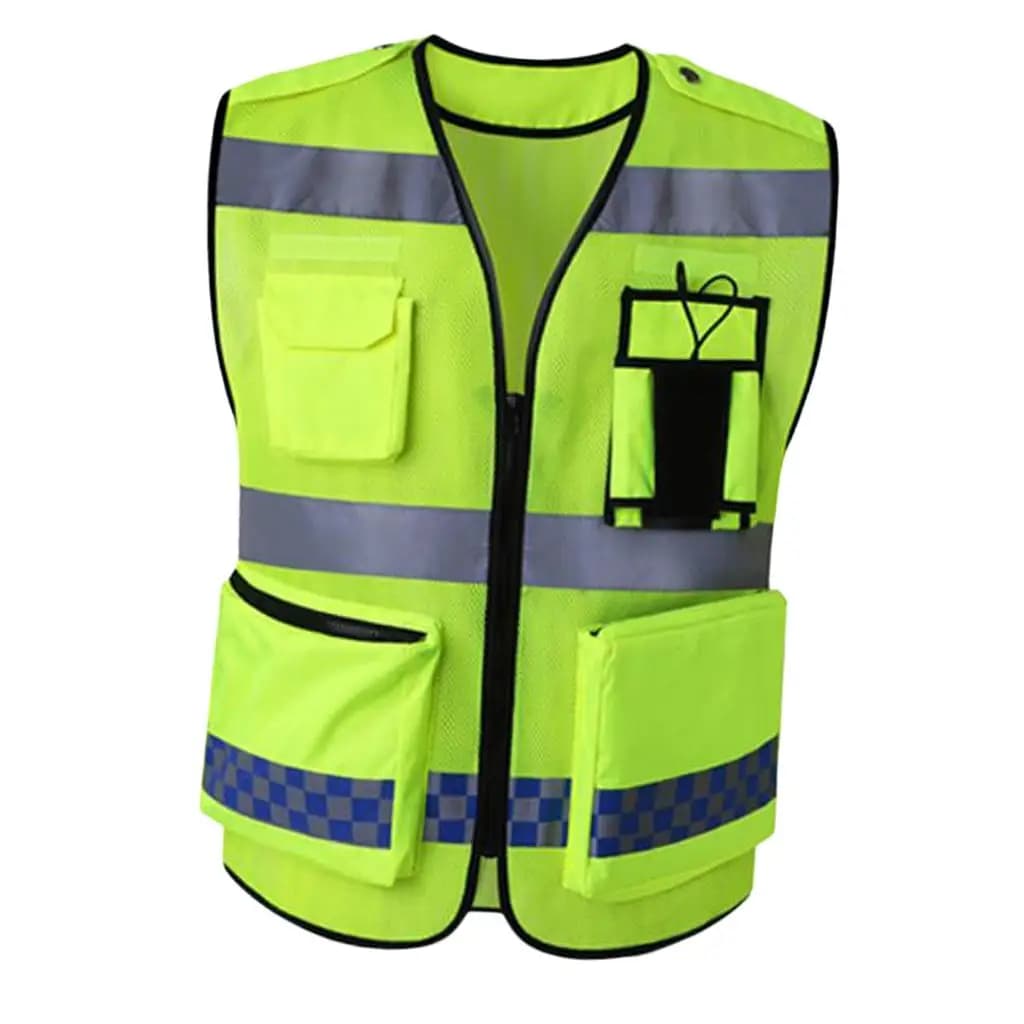 Multi Pockets High Visibility Zipper Front Vest With Reflective Strips, Premium Style-D