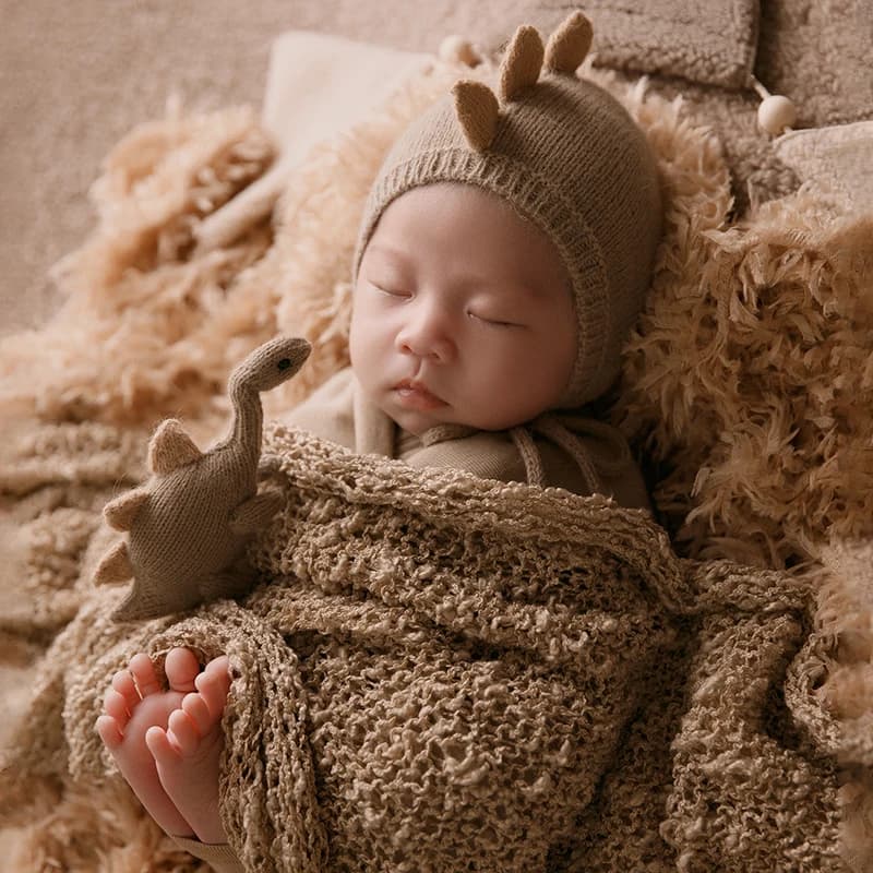 Cute Dinosaur Hat Doll For Photo Newborn Photography Props Hollow Wrap Feather Mat Handmade Knitted Dino Bonnet+Dinosaur Doll