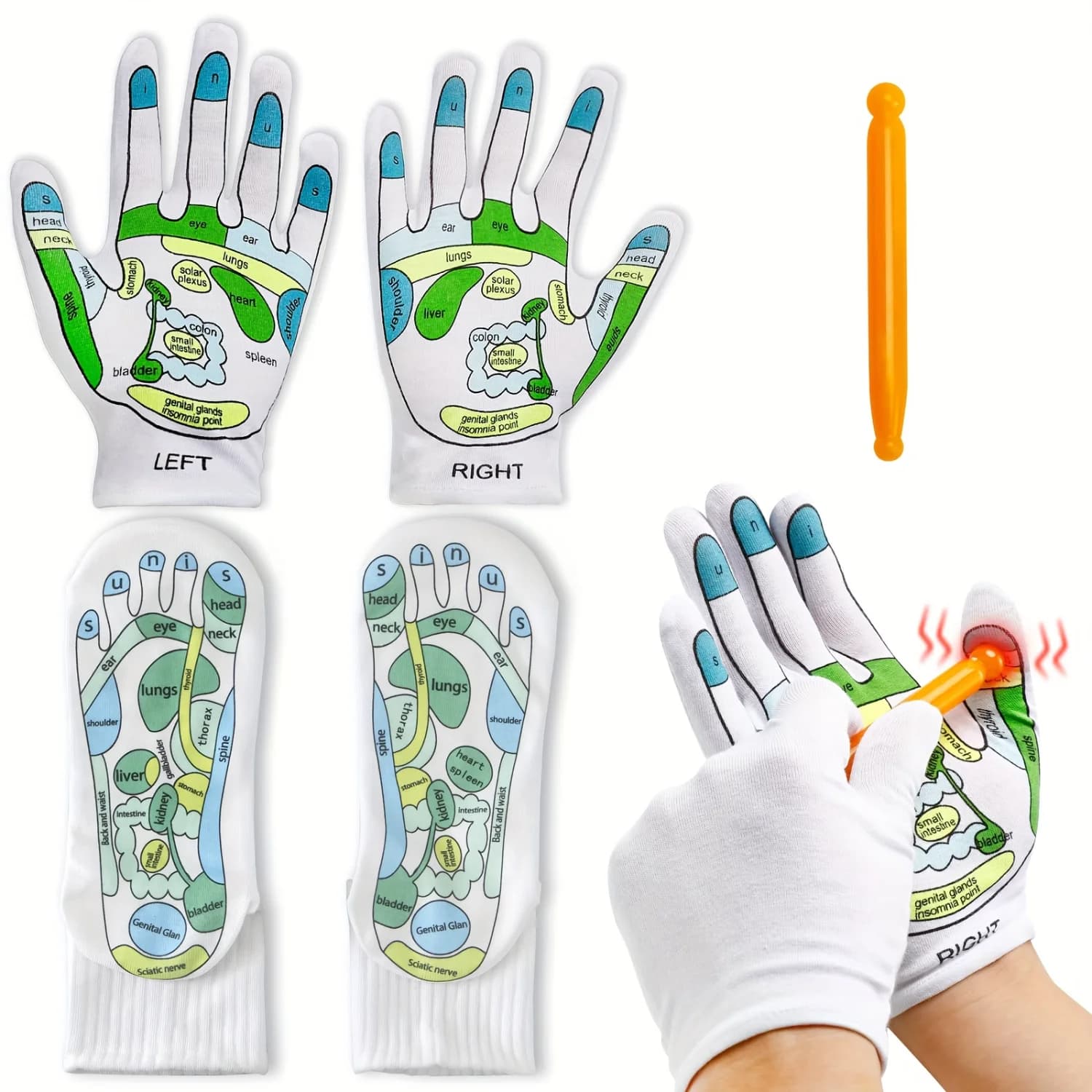 5PCS Reflexology Therapy Socks and Gloves Set with Massage Tool - Relief for Fibromyalgia, Boosts Blood Flow, Energy Regulation 