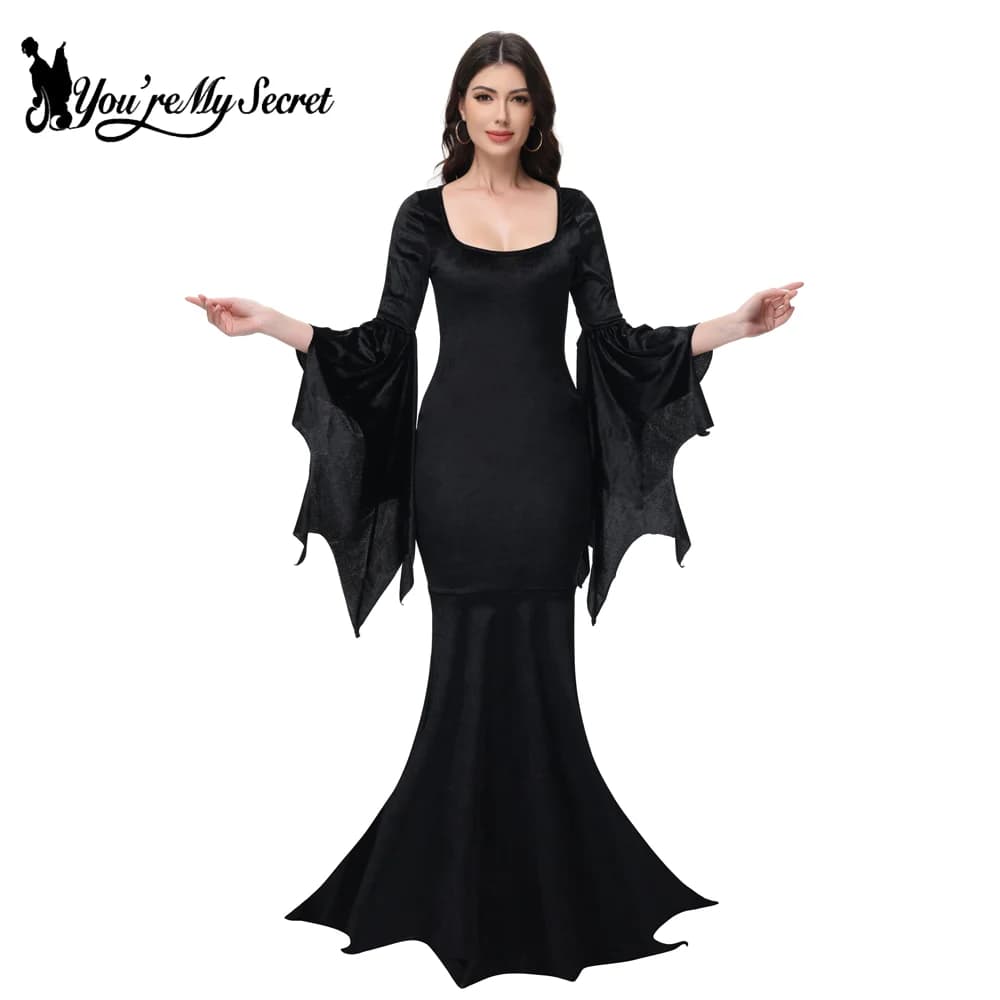 [You're My Secret] Halloween Morticia Adams Primate Black Adams Family Dress Retro Gothic Flared Sleeve Fishtail Dress Vestido
