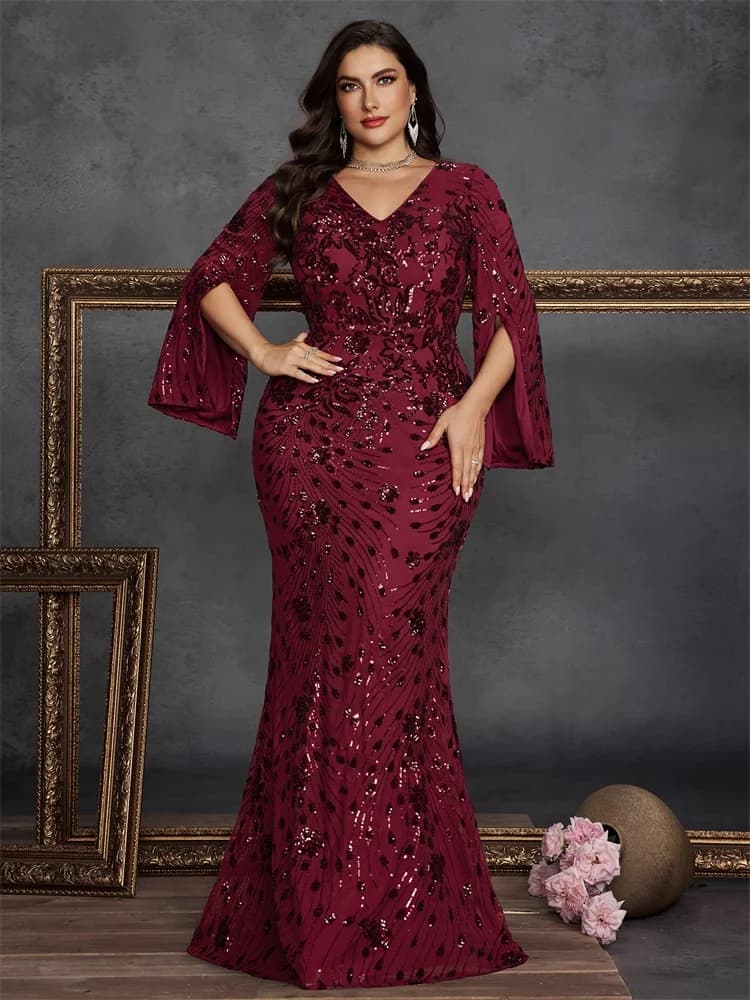 BLUEPLUM Plus Size Luxury Black Evening Dresses Women Long Sleeve Mermaid Formal Sequins Prom Wedding Party Cocktail Gowns