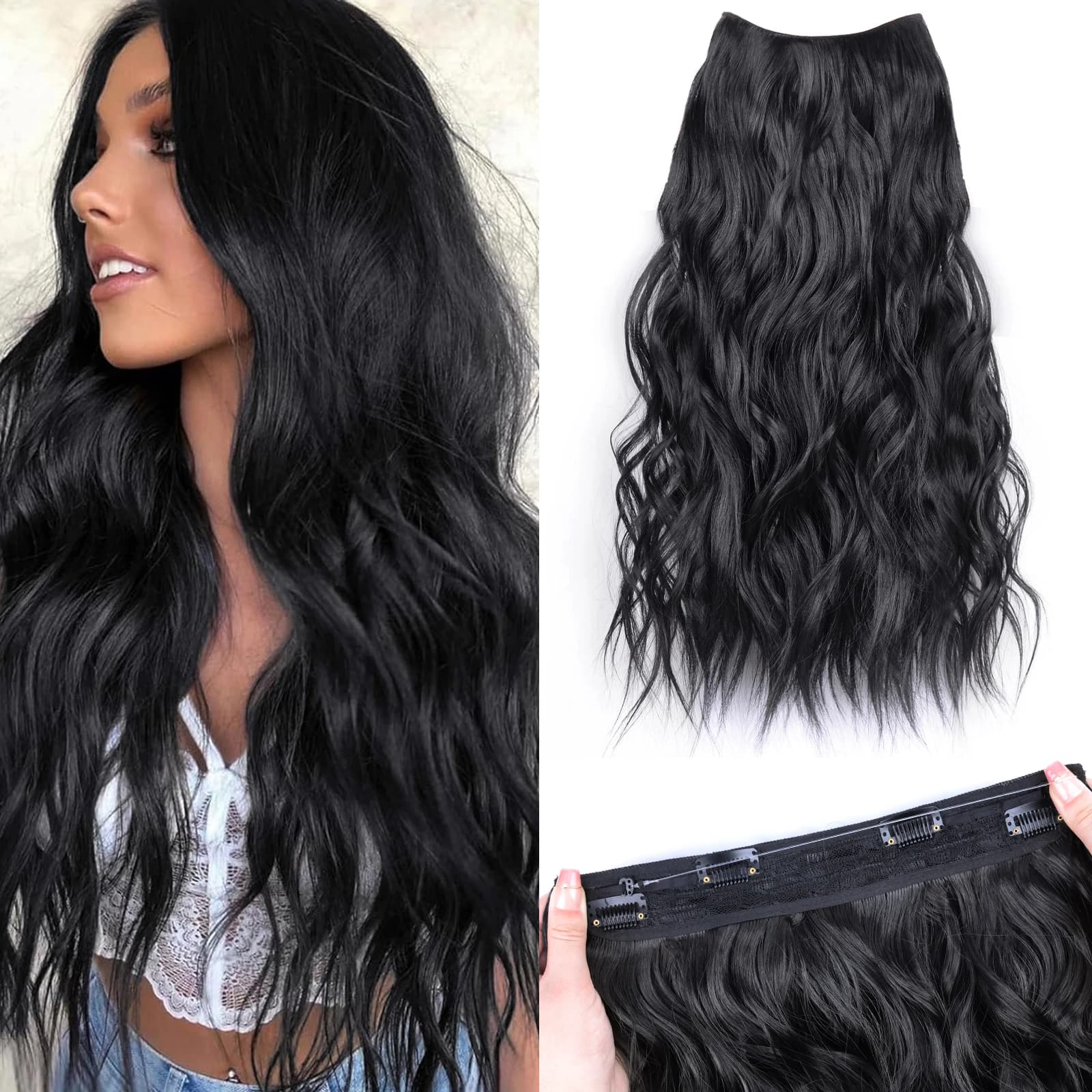 Synthetic Natural Wavy 4 Clip Fish Line Invisible Hair Extensions Mixed Color One Piece False Hairpiece Hair Extension For Women