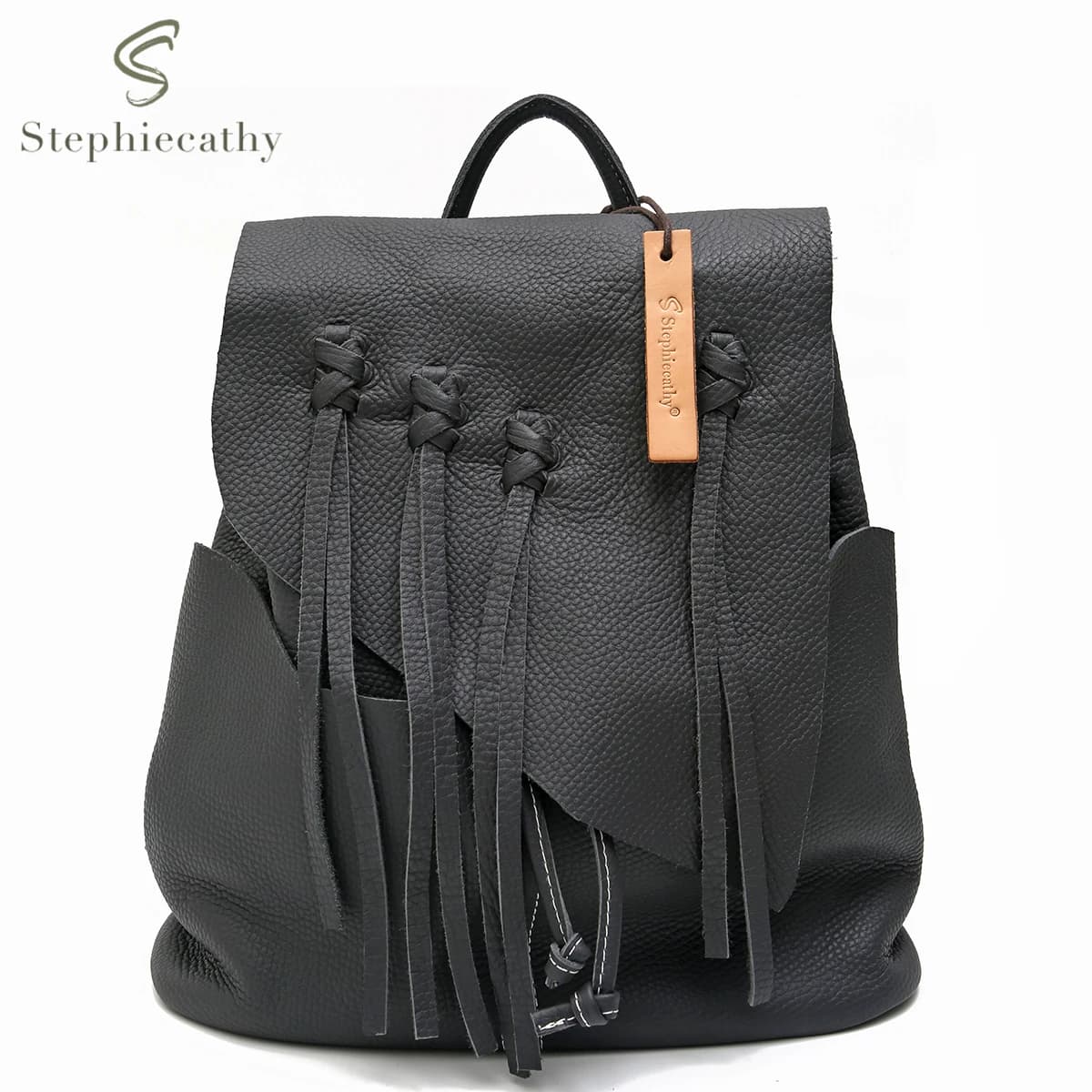 SC Luxury Genuine Leather Tassel Backpack for Women Brand Design Flap Drawstring Large Capacity Multi Pockets Shoulders Knapsack