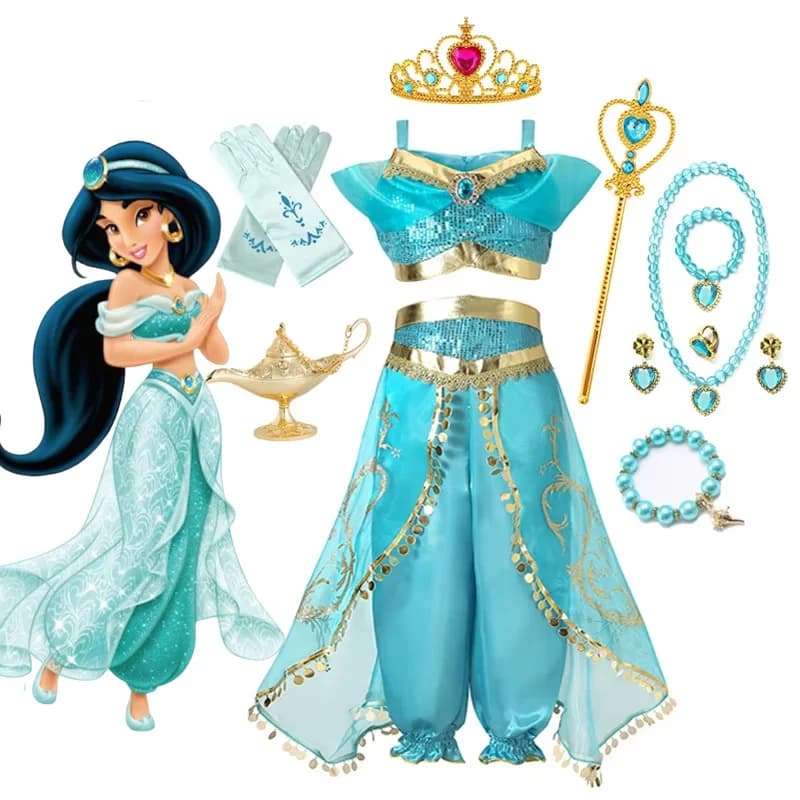 Disney Jasmine Princess Dress Girls Birthday Party Carnival Cosplay Aladdin Magic Lamp Costume Kids Vestidos Set Outfits Clothes