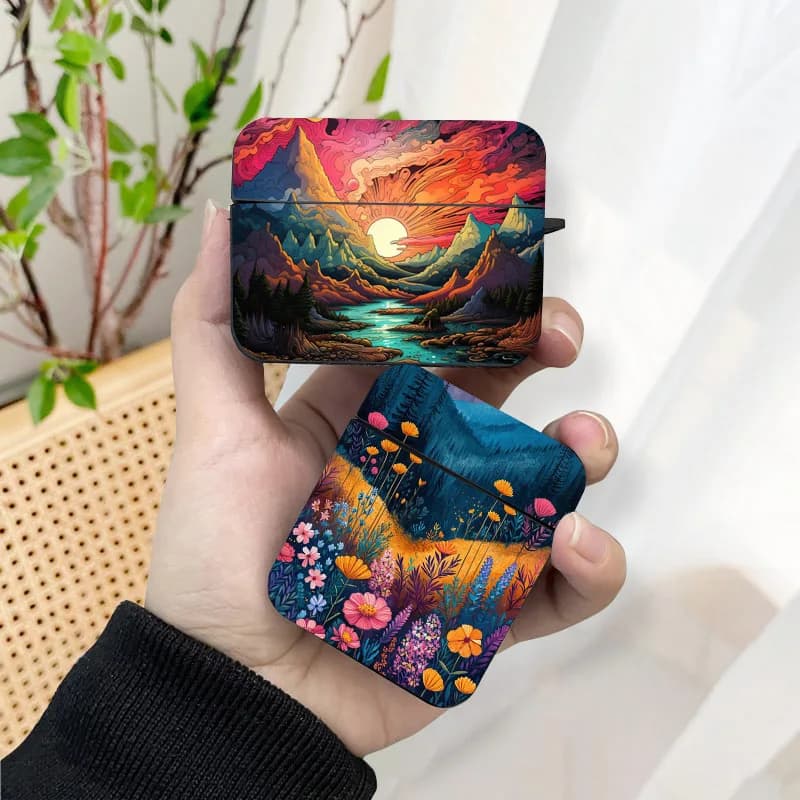 Sunset Scenery Flowers AirPods Case Black Wireless Bluetooth Earphone Case for Apple Airpods 1 2 3 Pro 2 Protective Case