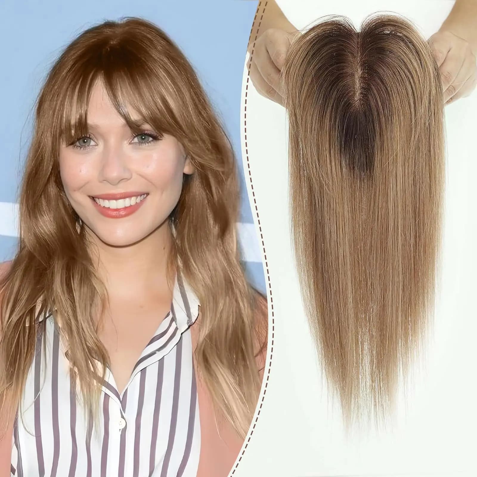 Ombre Brown Remy Human Hair Toppers with Bangs Brown Hairs Topper Wigs Silk Base Clip Pieces in Topper Hair Extension for Women